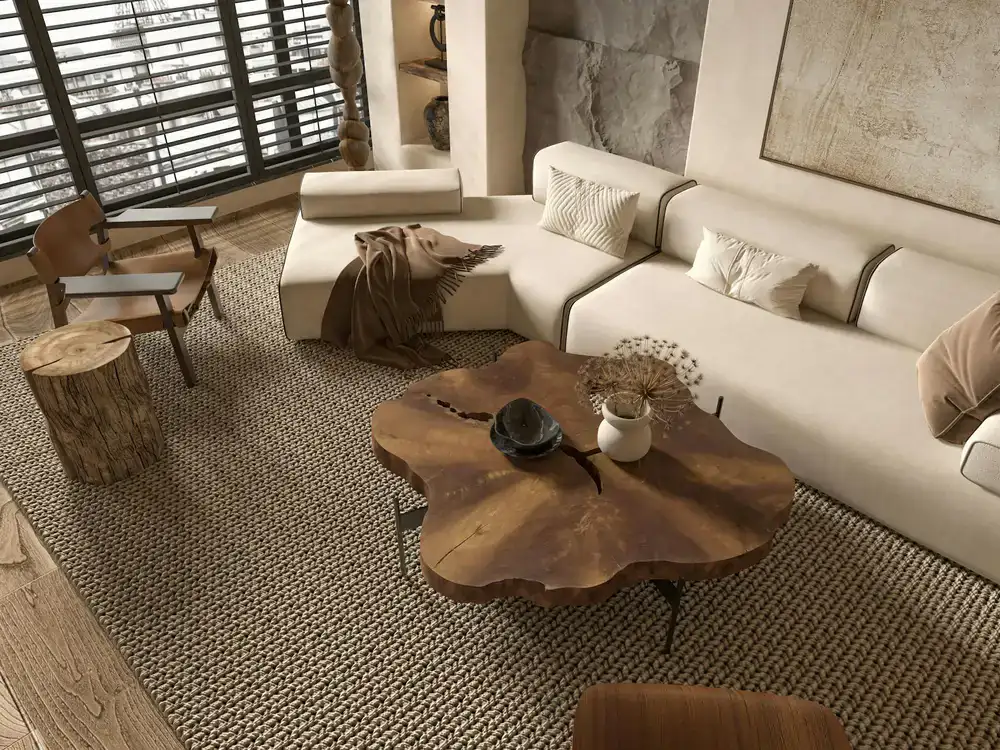 Warm minimalist living room with natural wood textures