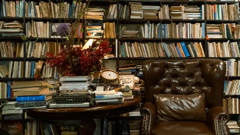 Cozy reading nook with a vintage leather chair