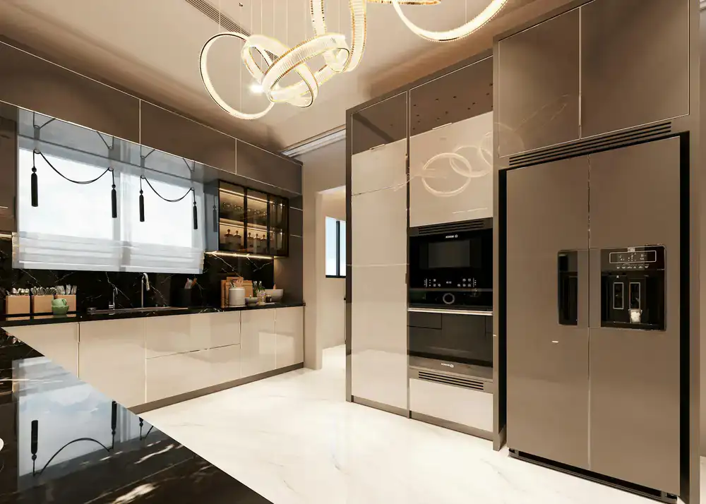 Close-up of minimalist kitchen cabinetry and marble surfaces